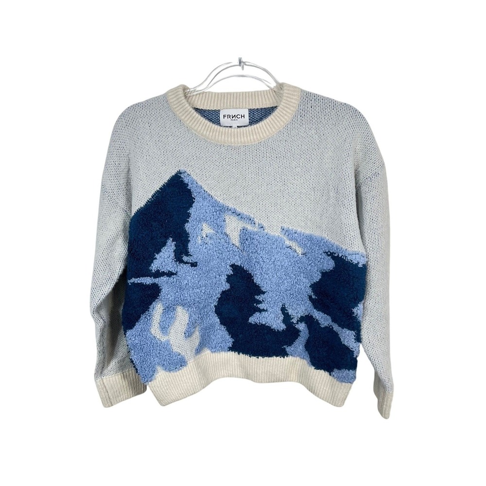 French Paris Sweater Women XS Blue White Mountain Graphic Crewneck MS23-50-1